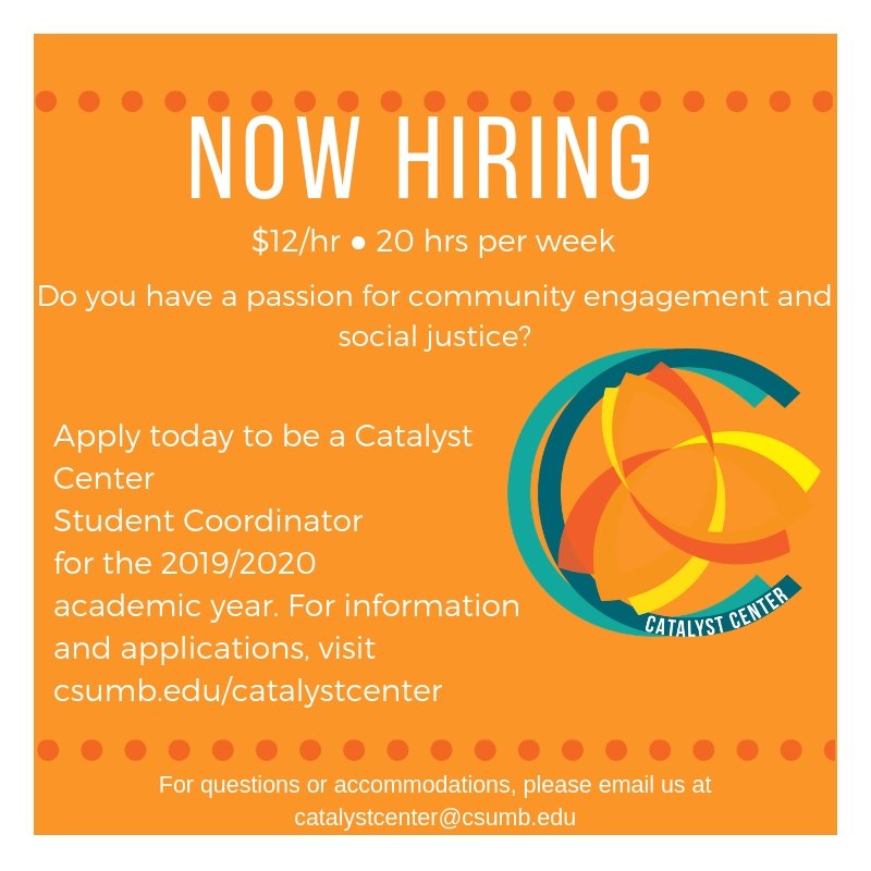 csumbCE's tweet photo. Searching for a job next academic semester? Look into the Catalyst Center to see if this job suits you. Apply today or before March 29! #csumbservice #hiring #csumbcatalyst #raftup https://t.co/rTl46Fllpe