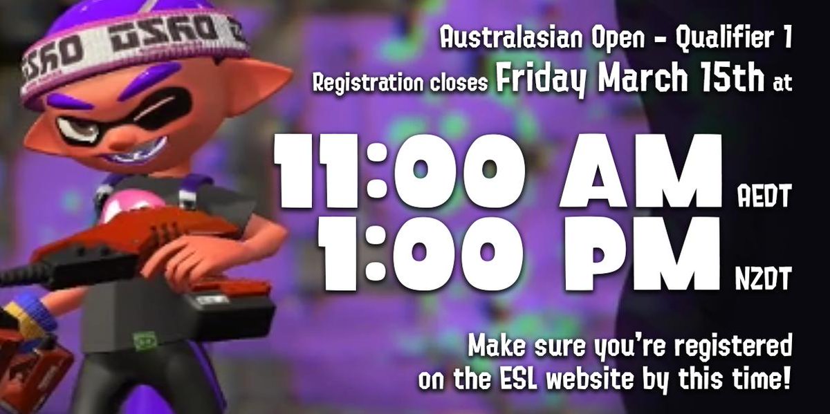 OceaninkSquids's tweet photo. This Saturday at 11AM AEDT (March 16) is the first qualifier for the @NintendoAUNZ Australasian Open run by @ESLSplatoon! Signups for the first qualifier end on March 15, so get your team ready for the competition here: 
https://t.co/82syy1Dgns https://t.co/2ZXIZ90aF2