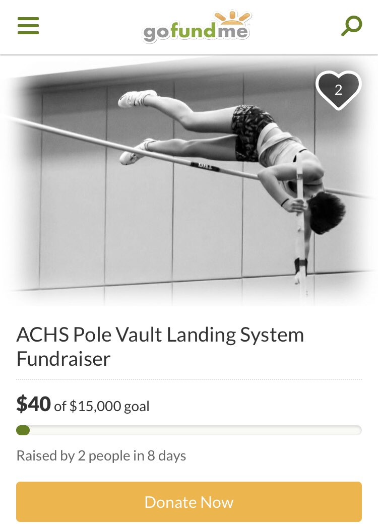 _tmpolevaulter_'s tweet photo. Please help the ACHS Track and Field team raise money for a new pole vault pit! Since I am a senior, I want to leave not only my legacy, but a brand new pit for all of the future vaulters at AC! Link: https://t.co/SR6j5GB7Xn https://t.co/l7GtZpJ5zt
