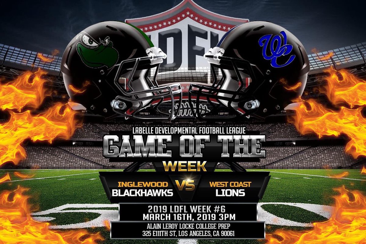 LionsWest's tweet photo. Come out &amp; support YOUR #WCLions as we battle The 5-0 Inglewood Blackhawks. 
It's going to be a great one.
#WeHaveFun #LDFL #GameOfTheWeek #WCLionsFootball #InglewoodBlackhawks #StillCoastN #Football #WestCoastFootball #SouthernCalifornia
https://t.co/7zHPopIeh2 https://t.co/1xclX9QLEN