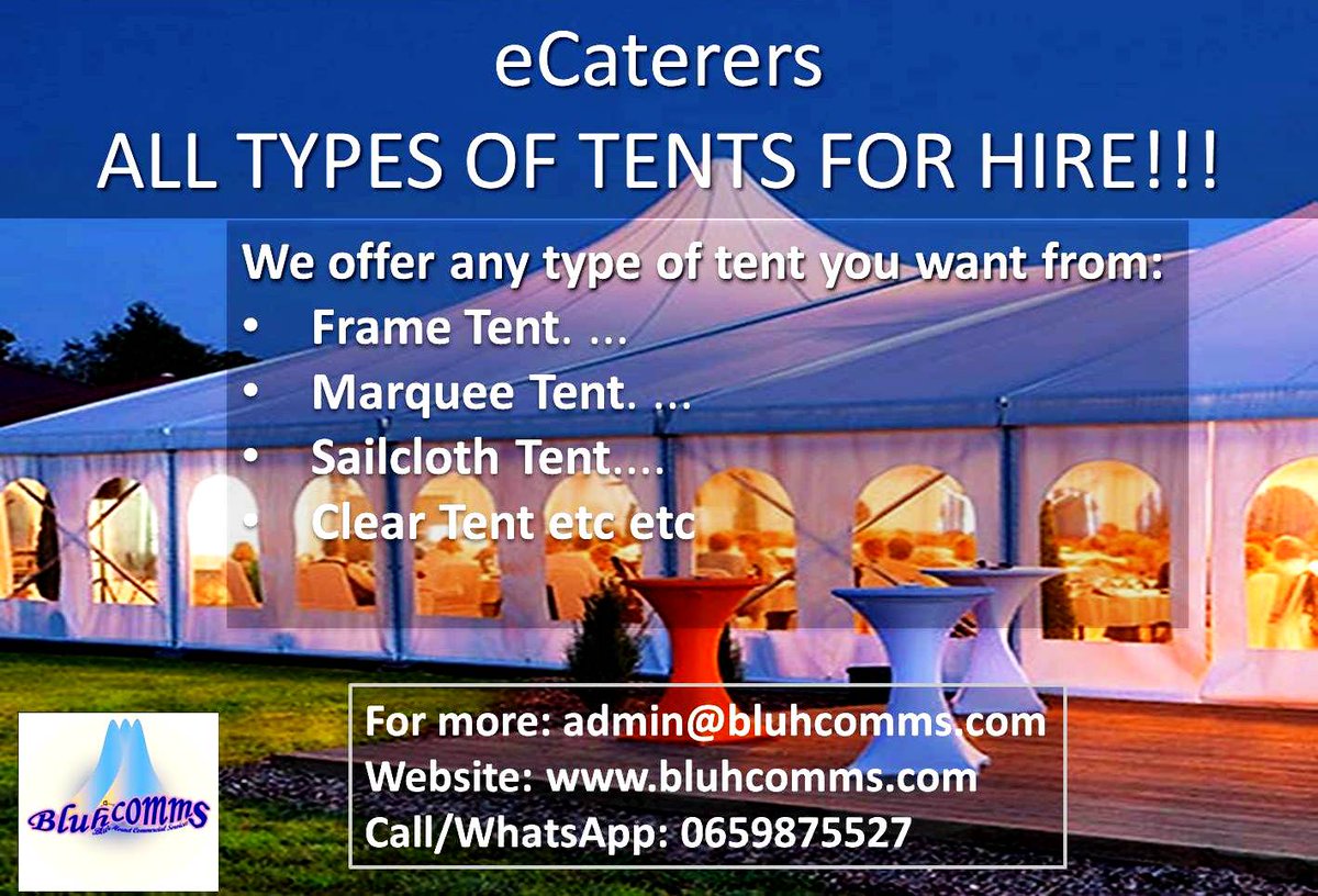 FilRoyalty's tweet image. ALL VARIETY OF TENTS FOR HIRE!!!

We offer any type of tent you want from:
Frame Tent. ...
Marquee Tent. ...
Sailcloth Tent....
Clear Tent etc etc

Contact us: WhatsApp/Call 0640980985
Email: Admin@bluhcomms.com
bluhcomms.com