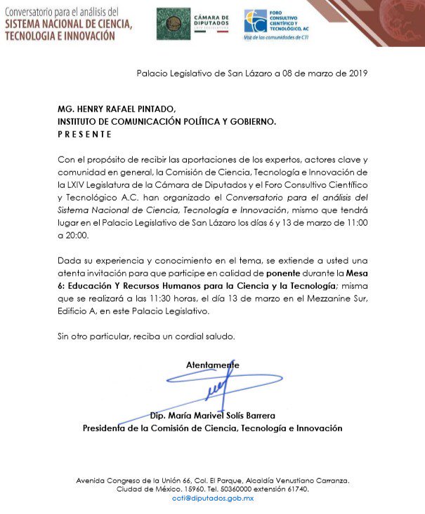 henryrafael's tweet photo. Mañana expondré en el Congreso Nacional de #MEXICO mis aportes sobre la nueva política pública del país en Ciencia y Tecnología, de cara al proceso de #NeoHumanidad del q hablo en mis conferencias.Mi reconocimiento a la diputada @MarivelSolisB y a @Mx_Diputados #CongresoDeLaUnion https://t.co/L7NrGNsUn2
