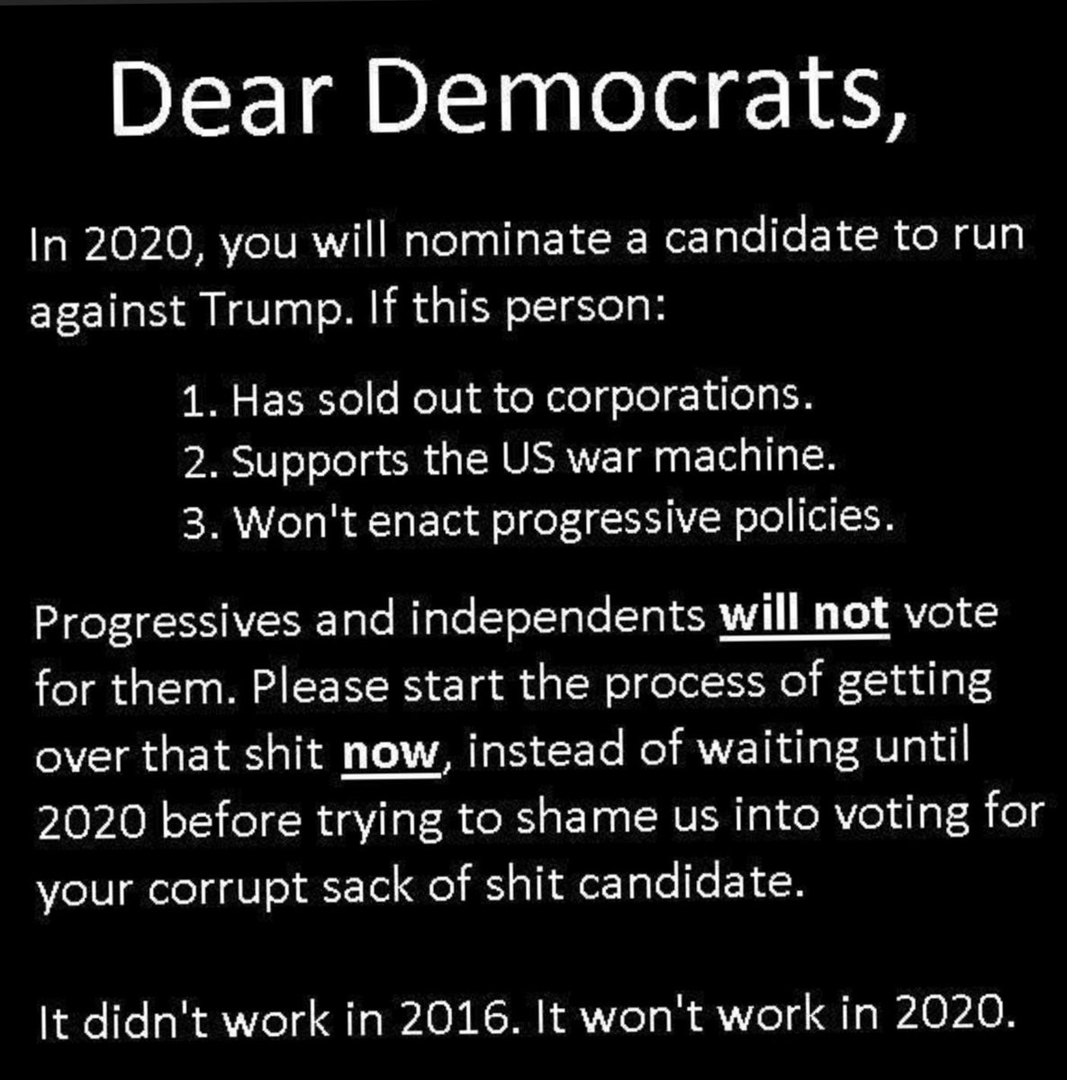 Fixer_guy's tweet photo. @robreiner Get it you wannabe corporate fascist:
Progressives DO NOT EVER "owe" you a vote
Y'all want OUR votes? Bring REAL DEMOCRATS instead of these #3rdWay #Shitweasel #BlueShirtRepublicans like #StatusQuoJoe and #CheneyInPantsuits!!
You get to EARN our votes or FOAD. https://t.co/4gx2C2CNWU
