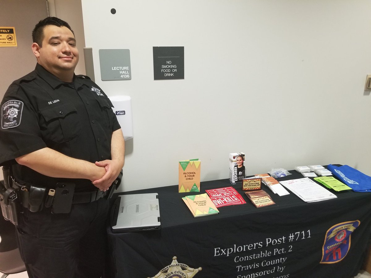 TCConstablePct2's tweet photo. Deputy Michael De Leon had the privilege to talk to students about the dangers of alcohol abuse today at ACC Northridge for Spring Break Safety Awareness Day. Thanks to the ACC District Police Department and the Travis County Underage Drinking Program for spreading the message. https://t.co/eP8XwKrIGR