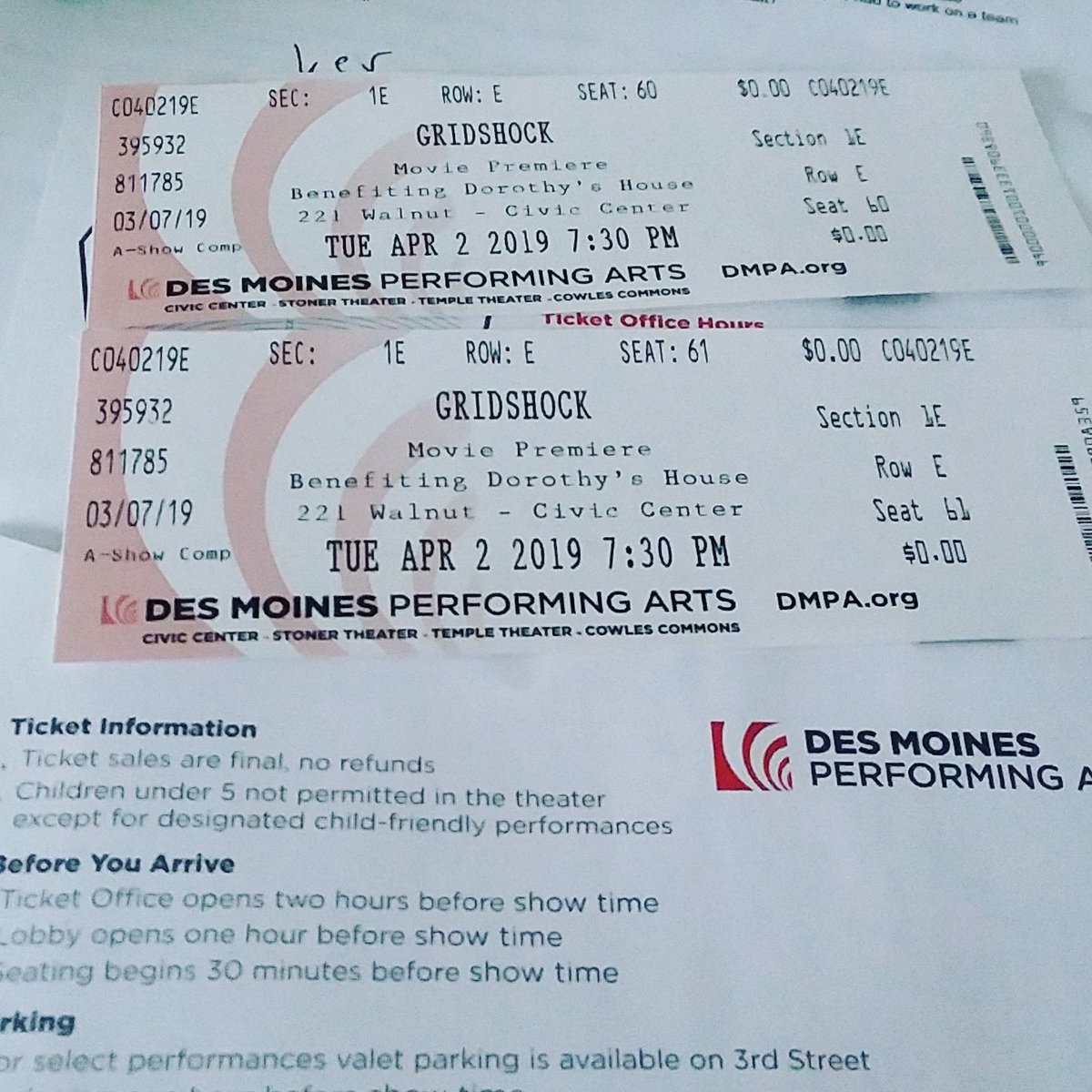 MarcoBattaglia's tweet photo. Picked up my tickets for contributing to the funding of #gridshock @gridshockdocumentary #gridshockdocumentary The Movie Premiere is benefitting #dorothyshouse Tuesday April 2nd at the #desmoinesciviccenter !

Tickets are still available! 

@VanessaLMcNeal https://t.co/mKJ7rBmCH4