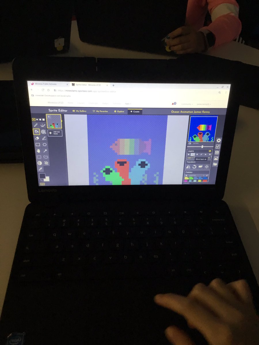 JanineLapertosa's tweet image. Excited to see our @Mineolams artists create digital art using #SpriteEditor @kid_OYO!Inspired by @studentsrebuild #OceanChallenge,they are creating beautiful underwater scenes that are soon to be animated.@Ms_Goldfarb thank you for your classroom and your guidance!#MineolaProud