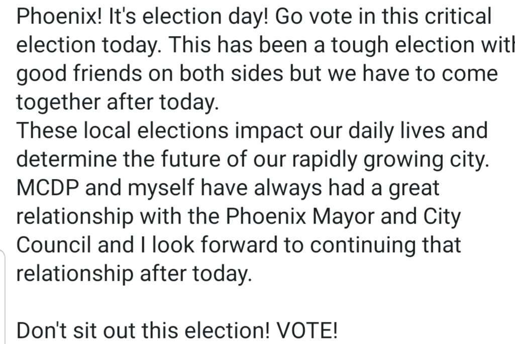 Slugocki's tweet photo. Here's a link and map of voting centers.
#phxmayor #Phoenix #VOTE #PHX8 #PHX5 #PHX #GOTV
https://t.co/PRoG7cZpR6 https://t.co/StZDrLtcsA