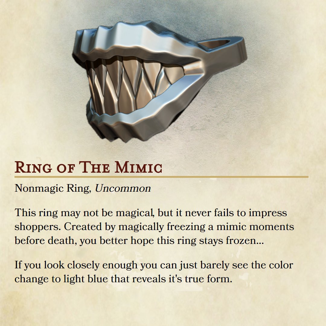 GorgsEmporium's tweet photo. Need your help folks! Should I make this ring magic or nonmagic?
#dnd #dungeonsanddragons #dungeonmaster #criticalrole #tabletoprpg #ttrpg #dndmemes #roll20 #nat20 #ring #magicitems #magicrings #homebrew #treasure https://t.co/Irg7iE7Gjw