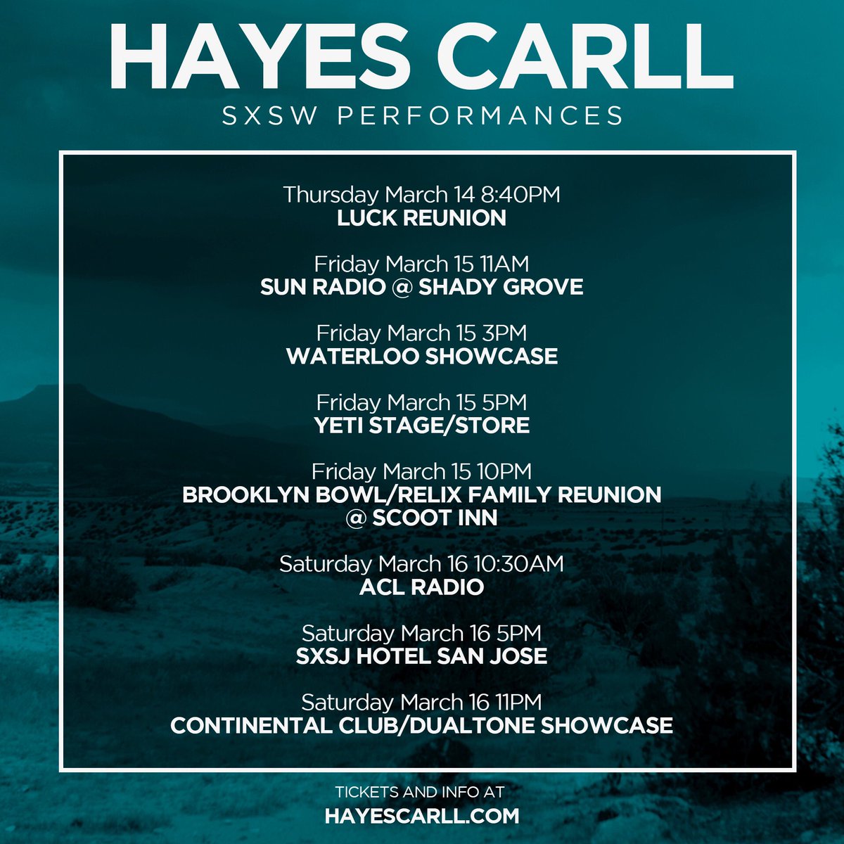 hayescarll's tweet photo. There’s no shortage of opportunities to catch the band and me this week at @SXSW. If you’re in Austin pick a show, or seven, and come join us. https://t.co/5uo264zQIo