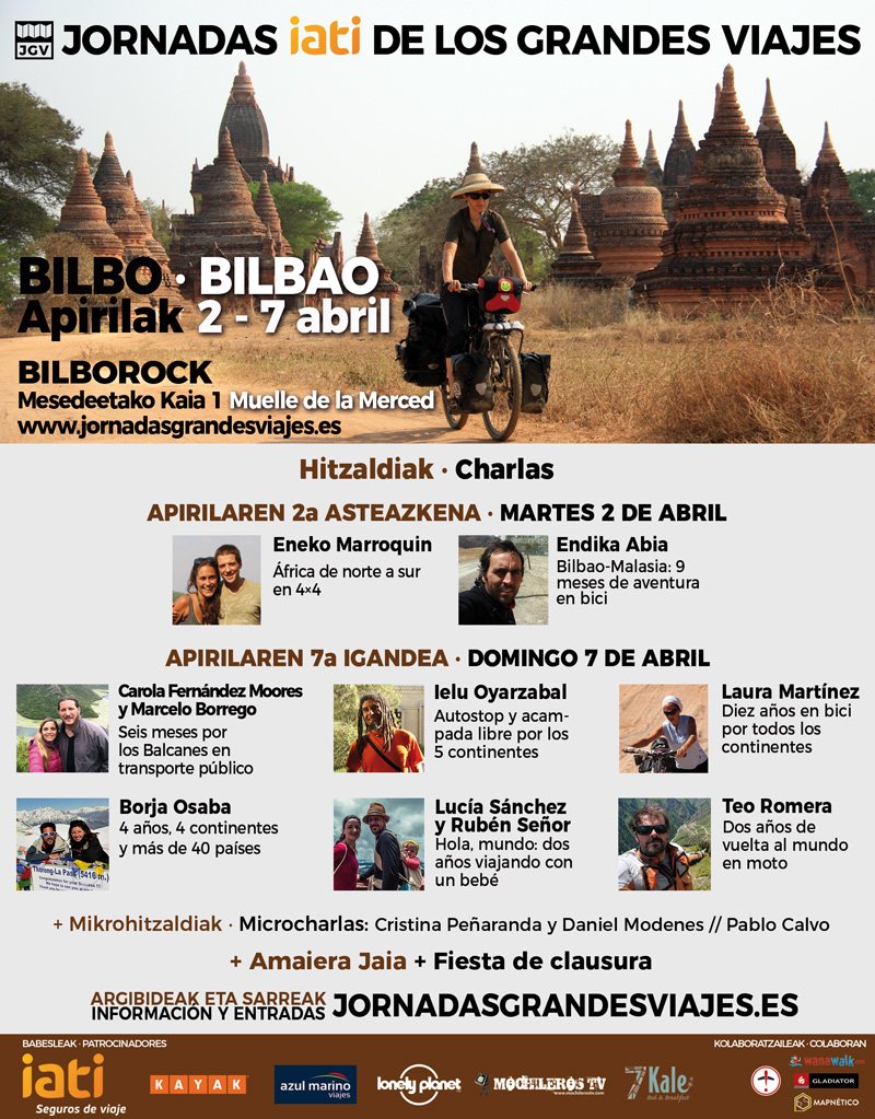 ¿Te gusta viajar y escuchar historias viajeras? En las #iatiJGV de #Bilbao el 2 y 7 de abril hay viajes en bici, en coche, a dedo, en transportes públicos, en solitario, pareja o familia... ¡hasta con una perra! ¿Te vienes? jornadasgrandesviajes.es