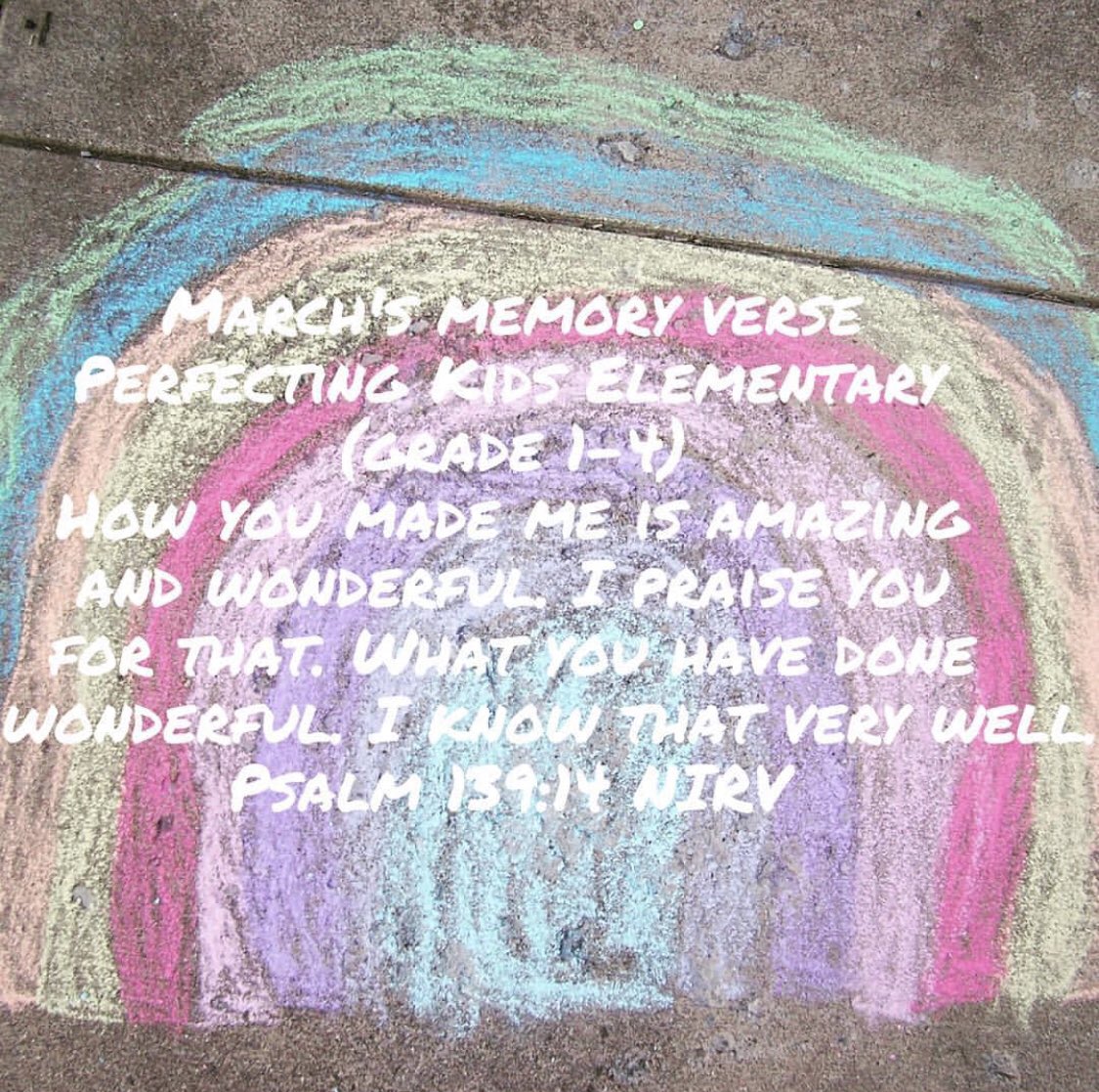 PerfectingKids's tweet photo. #March's memory verse for @PerfectingKids Elementary (grade 1-4)
How you made me is amazing and wonderful. I praise you for that. What you have done is wonderful. I know that very well.
Psalm 139:14 NIRV
#memoryverse #theperfectingchurch #kids #bible #scripture #perfectingkids https://t.co/vPzfC93dYz