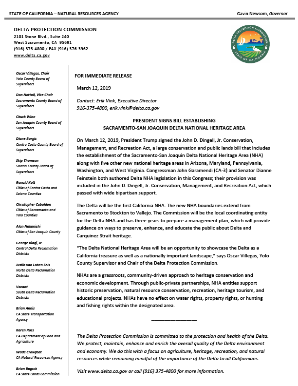 CA_DPC's tweet photo. We're excited to announce that President Trump signed the John D. Dingell, Jr. Conservation, Management, and Recreation Act, a large public lands bill that includes establishment of the Sacramento-San Joaquin Delta National Heritage Area (NHA)! Learn more: https://t.co/2h2yj5480m https://t.co/YlpVEpiajb