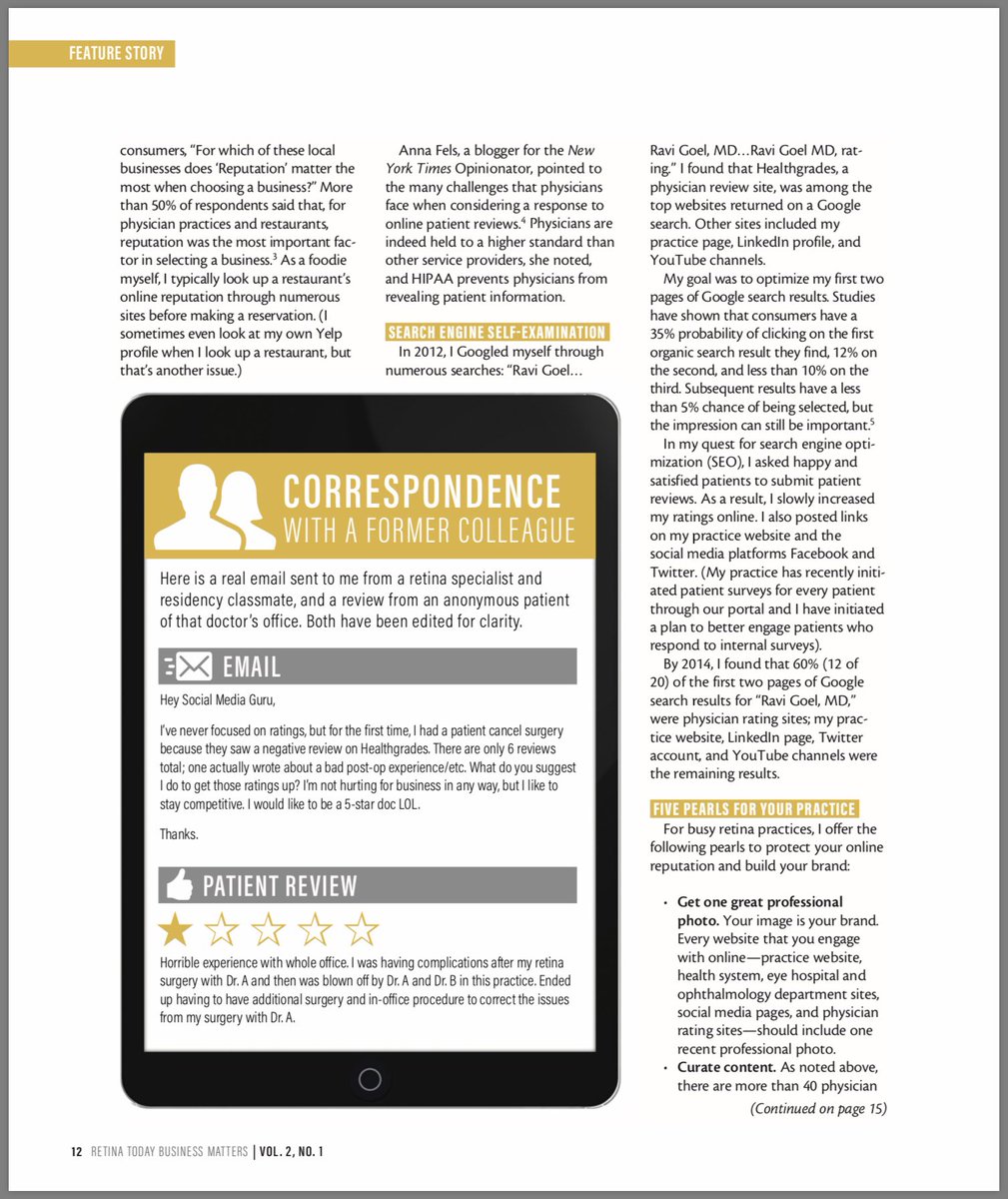 RaviGoelMD's tweet photo. My @RetinaToday article on Protecting Online Reputation was just published. Offers #ophthalmology & physician colleagues five pearls to build an online brand & optimize social media presence. #ProtectingSight #BelievingIsSeeing https://t.co/rxKSWKp2GK https://t.co/Ksn6Ysti12