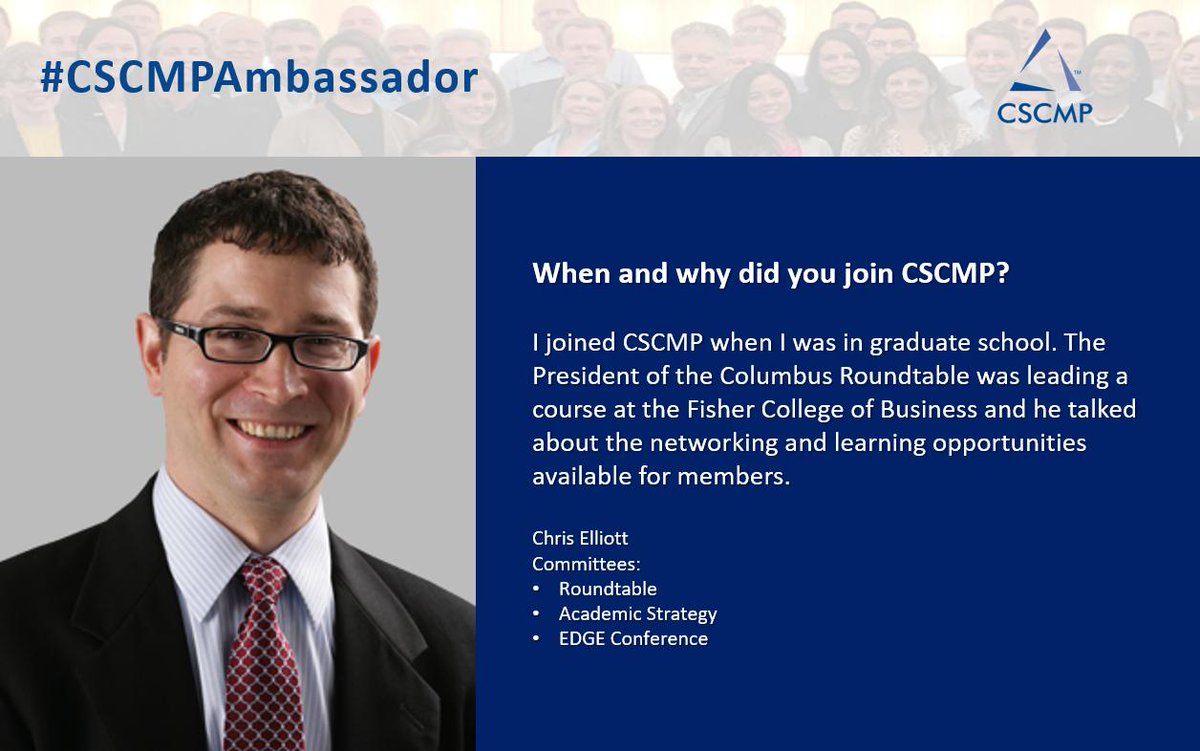 cscmp's tweet image. Meet #CSCMPAmbassador Chris Elliott - He has been a #CSCMPmember since 2005

Hear why he joined over a decade ago and continues to support #CSCMP by being a member

Join him and thousands of other #supplychain professionals today and become a member bit.ly/2vrDCWT