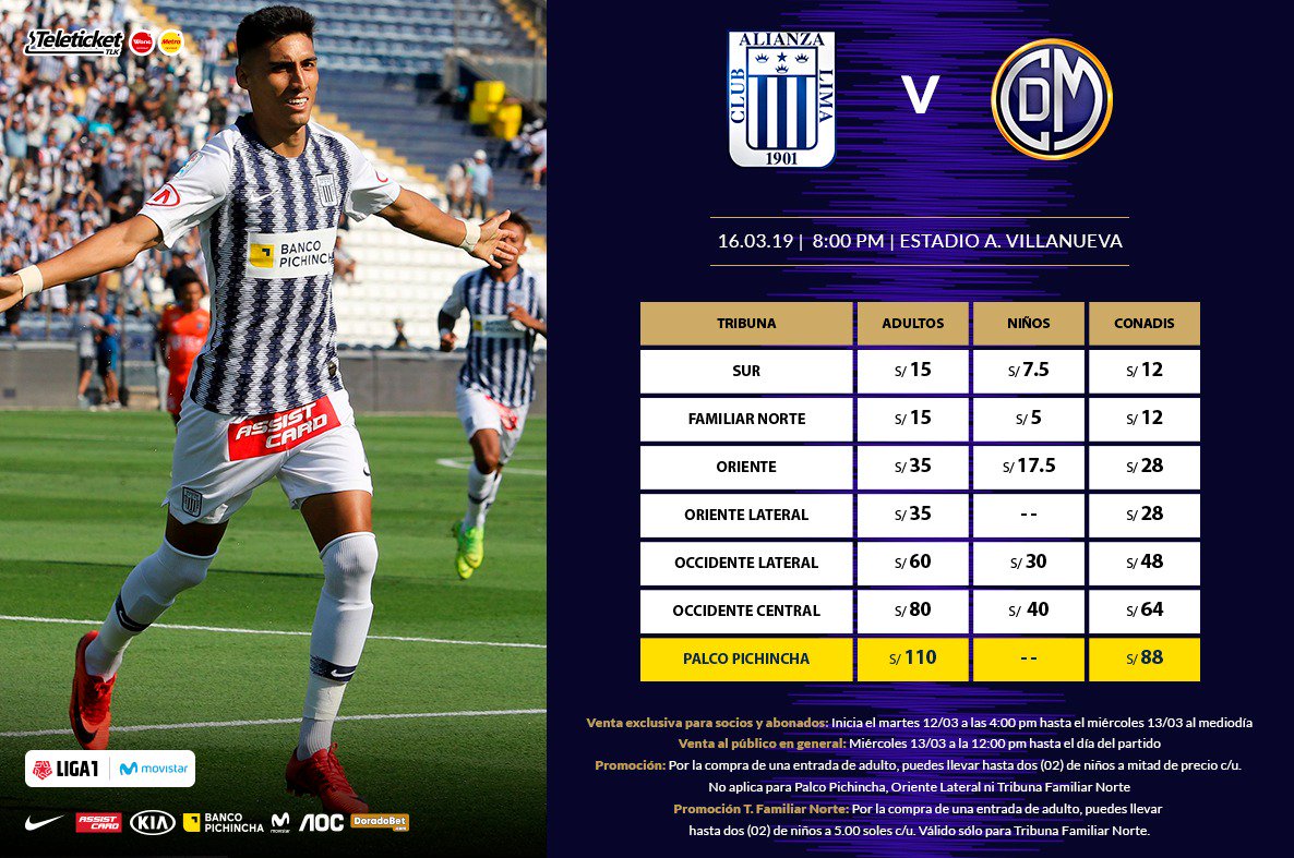 ClubALoficial's tweet photo. 📢 ¡ATENCIÓN BLANQUIAZUL! La venta exclusiva de🎟para el encuentro ante @CCDMunicipal de este sábado 16 de marzo a las 8:00 p.m. en el Estadio Alejandro Villanueva ya está activa. ¡TODOS JUNTOS! #ArribaAlianza

Puedes adquirir tus entradas vía web AQUÍ ➡https://t.co/aCxQP0EOFF https://t.co/bzaYAo11oy