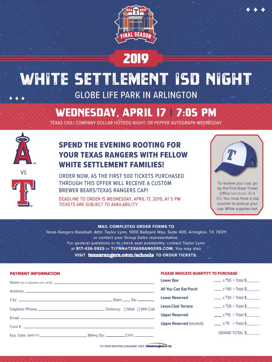 Get your tickets now for WSISD Night at the Texas Rangers Game on Wednesday, April 17. The first 500 to purchase tickets will get a Brewer Bear/Texas Rangers cap! The Brewer High School choir will perform the National Anthem at the game! <a href="/Brewerchoir/">BHS Choir</a> texasrangers.com/schools