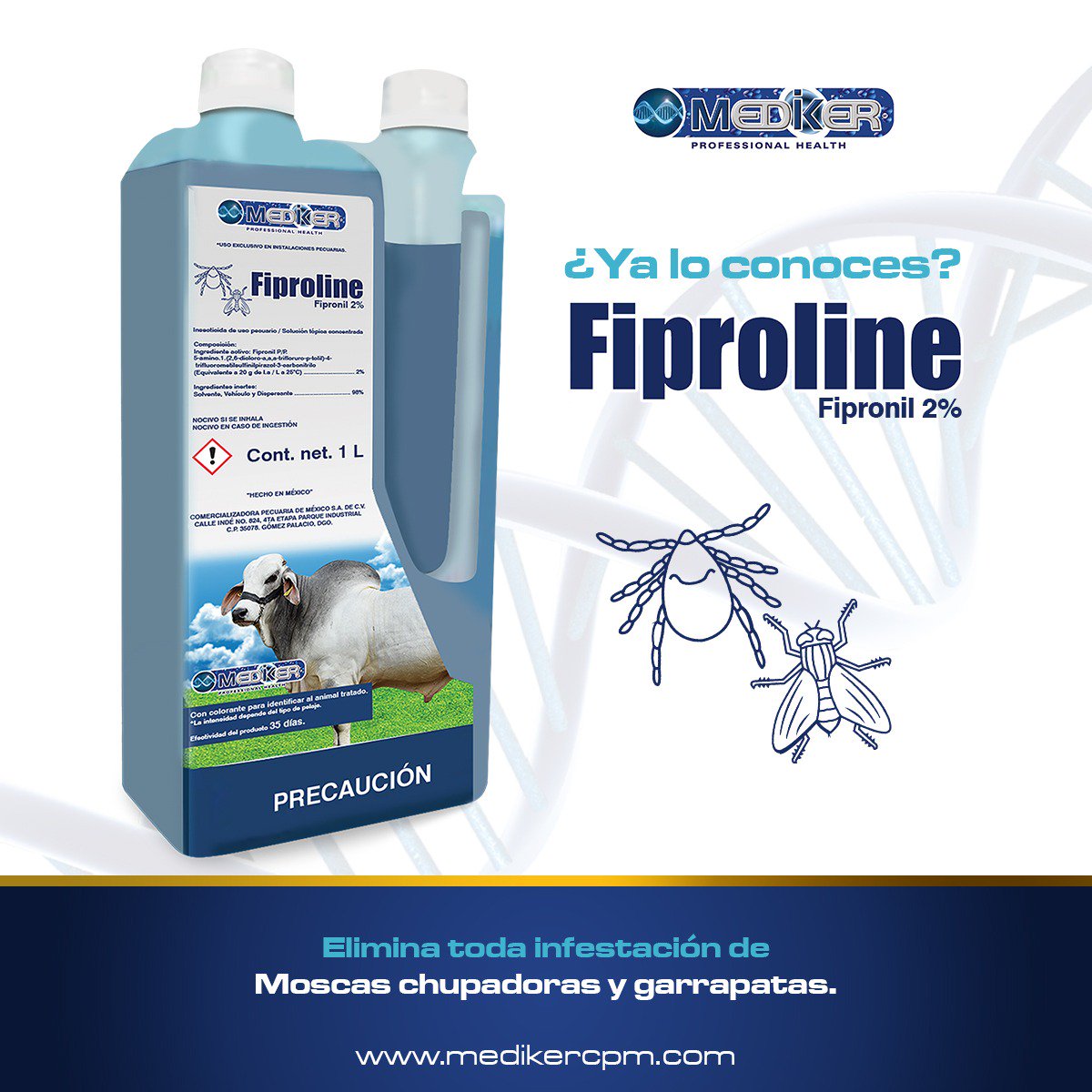 MedikerCPM's tweet photo. ¿Sabías que? Las garrapatas son especialmente dañinas para el ganado bovino 🐂. Ⓜ️FIPROLINE es la solución que estás buscando para proteger a tu ganado de garrapatas y moscas chupadoras. 🌐https://t.co/vf6C4mK1cx. #Mediker #MedikerProfessionalHealth #Fiproline #MDKR https://t.co/3rU0nQeBZB