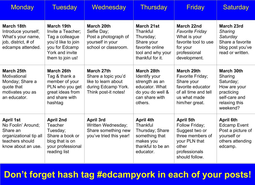EdCampYork's tweet photo. Get ready for the @EdCampYork Twitter Challenge to begin next week! It's hard to believe how fast it's coming our way! Tag a friend and remind them to use #edcampyork in their Twitter Challenge Tweets! https://t.co/7GGNwo5LiR