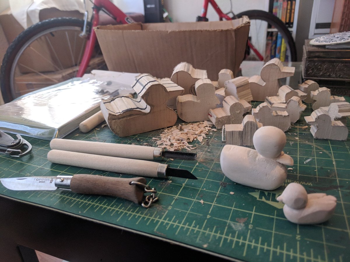 MitchCorvus's tweet photo. In preparation for the TAZ live show next month in San Jose, I've been furiously carving wooden ducks to accompany my cosplay.  #magnusburnsides #cosplay #kinning #woodcarving #thezonecast https://t.co/KUUQYCAPwq