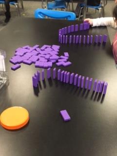 LibraryBbc's tweet photo. A little bit of Kindergarten domino fun in the@LibraryBbc! 100 dominoes on each table made for some fun designs to set up and watch them fall! #epsedtech #librarytimeissofun #canwedothisagainplease https://t.co/GNXUuDJaIf