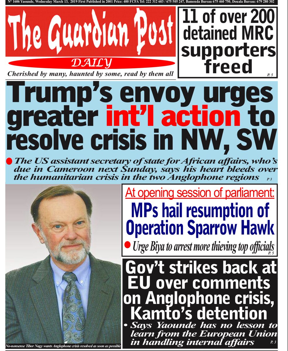 angelaquintal's tweet photo. #Cameroon:  The International community appears to be running out of patience., judging by tomorrow’s Guardian Post. Please don’t forget the journalists who remain behind bars for their work. They must be released immediately. #JournalismIsNotACrime ⁦@PR_Paul_BIYA⁩ https://t.co/SR7ya3ERnW