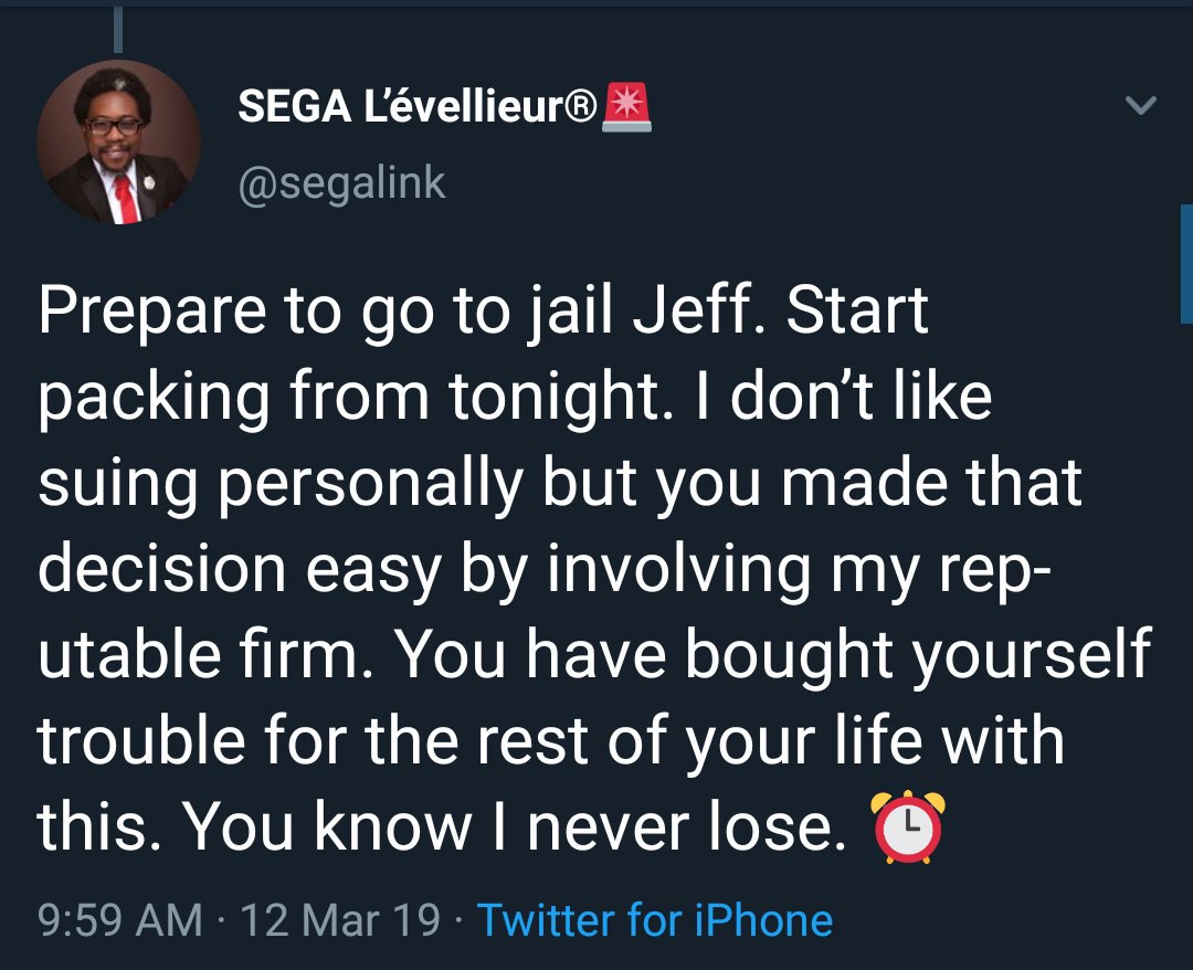  @segalink who isnt just fraudulent, but is indeed d fraud himself, acquired temerity to declare he'd sue  @jeffphilips1 from d type of social media clout that made Saraki end up like a fly that died in a calabash full of palmwine, trying to steal a sip. Sega will soon be in jail.