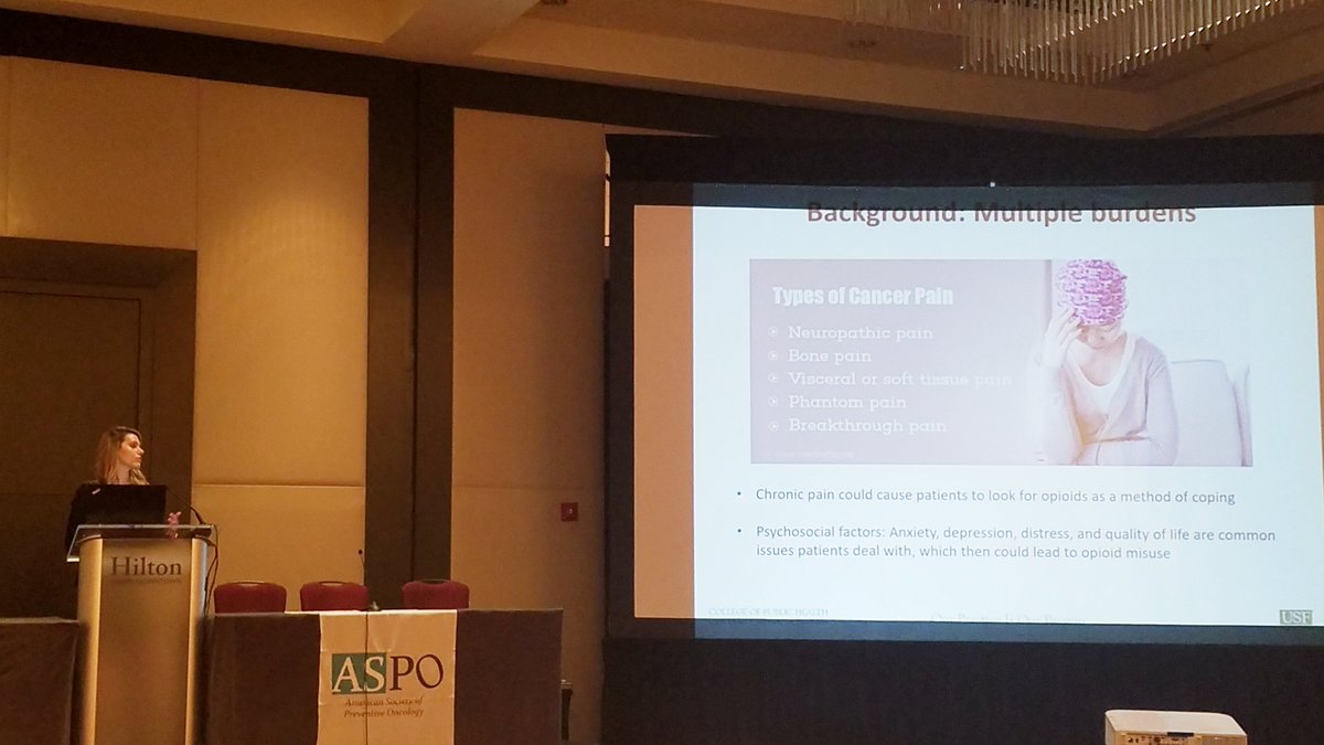 DrClaireC's tweet photo. Super proud of Paige Lake, @MoffittResearch assistant and @USF PhD student, for closing out #ASPO2019 with her talk on opioid use in cancer patients! @ASPrevOnc https://t.co/oBHOtru2hv