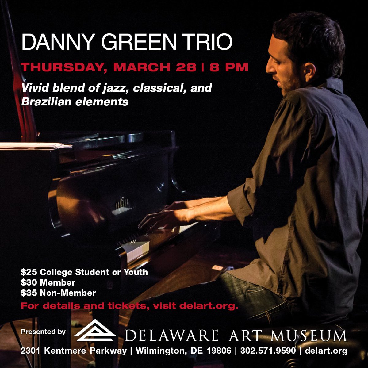 delartmuseum's tweet photo. Join us 3/28 when Origin Records recording artist, pianist & composer Danny Green and long-time trio takes us on a journey of vibrant sound w/ an enchanting mix of jazz, classical, and Brazilian rhythms.
https://t.co/P7Rf6DSsLw
#DAMperforms2019 #jazz #inwilm #netde #wilmtoday https://t.co/lpEEwXHHlY