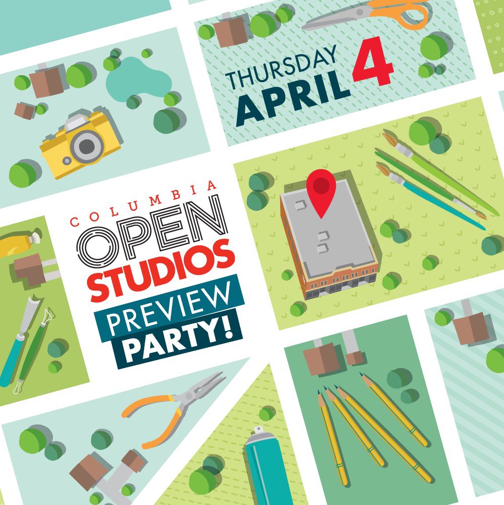 701CCA's tweet photo. Mark your calendar! 🗓 The official #ColaOpenStudios Preview Party is on Thurs., April 4 (7-9 p.m.) at 701 Whaley. 🌟 Meet + mingle w/artists over complimentary nibbles and a cash bar. Tix are $10 for 701 CCA members and $15 for non-members. 🎟 Grab yours on our website! https://t.co/Z98WIVPhVT