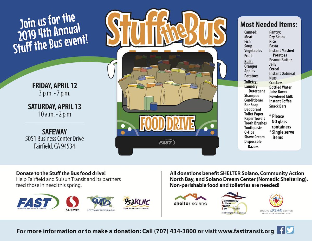 FAST_Transit's tweet photo. Help Fairfield and Suisun Transit and partners #StuffTheBus with food and supplies to help those in need on April 12th and 13th at the #FairfieldCA @Safeway on Business Center Drive. #Retweet to spread the word!

#SolanoCounty #SuisunCity #FSUSD #FFPD https://t.co/6WESzMIjzs