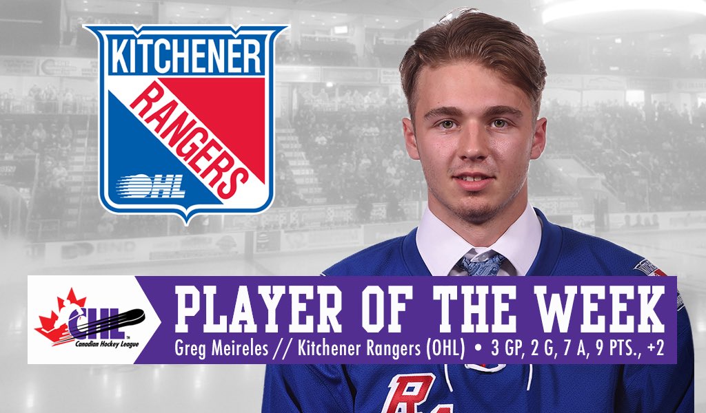 Canadian Hockey League (@chlhockey) on Twitter photo #CHL Player of the Week is forward Greg Meireles of <a href="/OHLRangers/">Kitchener Rangers</a> who extended his <a href="/OHLHockey/">Ontario Hockey League</a> point-streak to 17 straight games: bit.ly/2Hhbeyq #CHL Player of the Week is forward Greg Meireles of <a href="/OHLRangers/">Kitchener Rangers</a> who extended his <a href="/OHLHockey/">Ontario Hockey League</a> point-streak to 17 straight games: bit.ly/2Hhbeyq