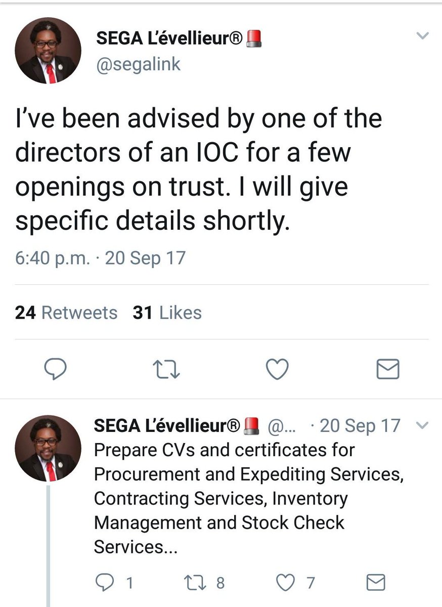 CHEVRON EMPLOYMENT SCAMSega is also into HR that doesnt smell nice. In 2017, Sega did set up an employment scam, through which he fleeced unsuspecting applicants of $1,250 per person, claiming he has mandate of a director in one of Nigeria's IOC's to recruit for the oil company.