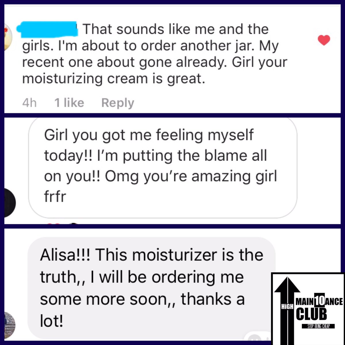 10alishaisrael's tweet image. I love hearing Customer Feedback/Reviews!!! It’s the best news!!!☺️💙☺️💙☺️#HighMain10anceClub Moisturizing Hair Cream!🌱
Have you tried it yet?? If not, you should!! ✋🏾🚫NO HARSH CHEMICALS, EVER.
Let’s Grow!! 💦🌱💙💪🏾 highmain10anceclub.com/product/moistu… #HighMain10anceClub #StopBeingCheap