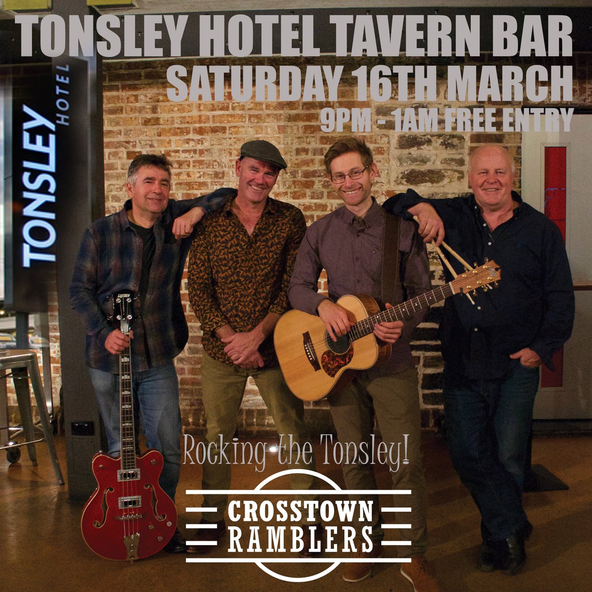 CTRamblers's tweet photo. Crosstown Ramblers FULL BAND Rocking the @TonsleyHotel this Saturday 🤘🤘 Onstage 9PM - Free Entry 🎶🎶
Playing a music from the 50's, 60's, 80's to current 😀 https://t.co/tjQ10AqjvK