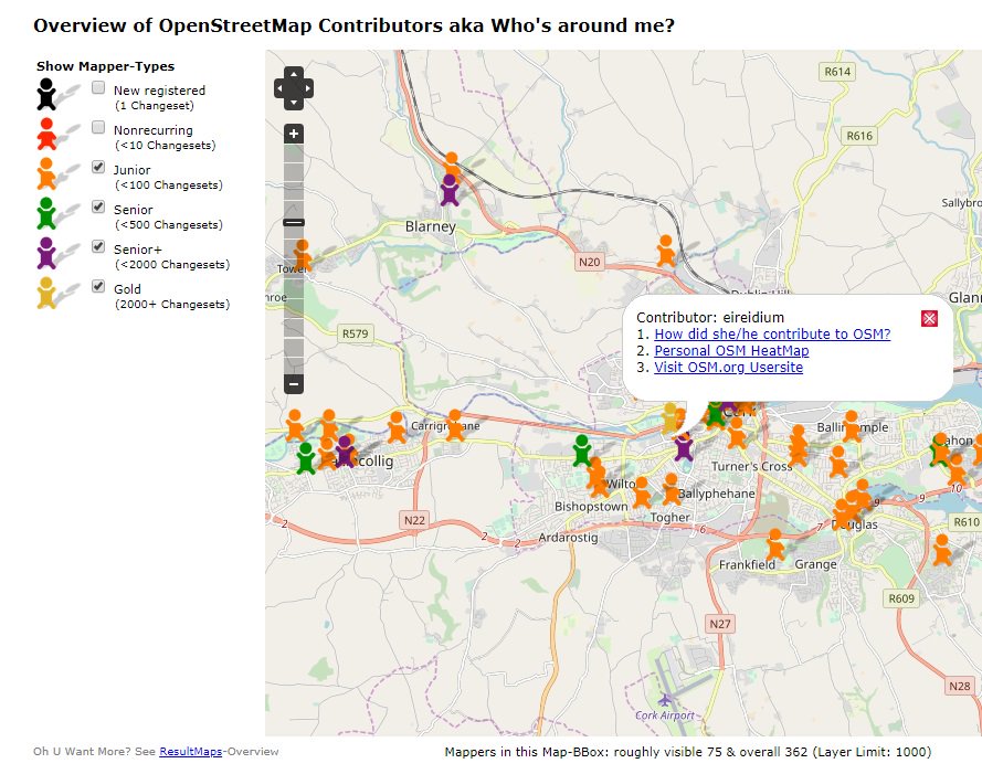CiaranStaunton's tweet photo. @osm_ie @UCC Ah cool, this map of Cork from @pascal_n shows the local mappers in Ireland's 3rd City. And surprise surprise our kind host @iridium a.k,a. Eireidum is the gold star mapper with more than 2000 changesets #OpenStreetMap #CorkWeek https://t.co/KXUPeJxYoR