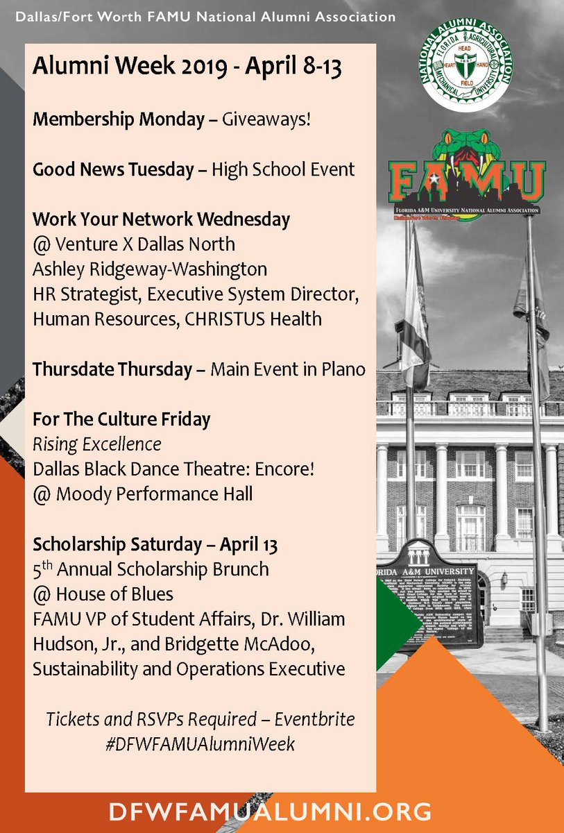 dfwfamualumni's tweet photo. You don’t want to miss what we have in store for this year’s DFW FAMU Alumni Week! The fun begins on April 8, click the link for events: https://t.co/2VF5vXk0UF
#DFWFAMUAlumniWeek https://t.co/qoCMhCdVqt