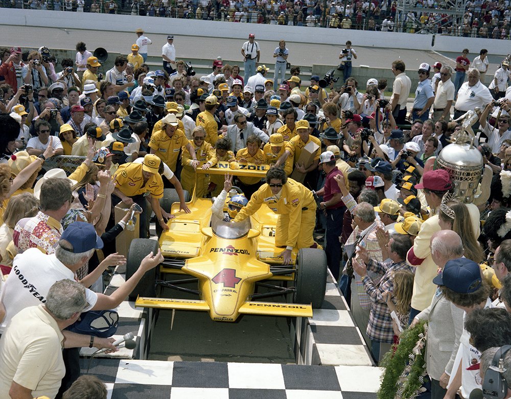 IMSMuseum's tweet photo. Happy birthday, "Lone Star JR," Johnny Rutherford! Pride of Ft. Worth and @IMS Hall of Famer, seen here pulling into 1980 #Indy500 #VictoryCircle, @BorgTrophy ready, in that gorgeous @Pennzoil Chaparral. Fast qualifier @DISupdates in 1963; @IndyCar, @USACNation champ. #Legend https://t.co/ufg3Ej0wkD