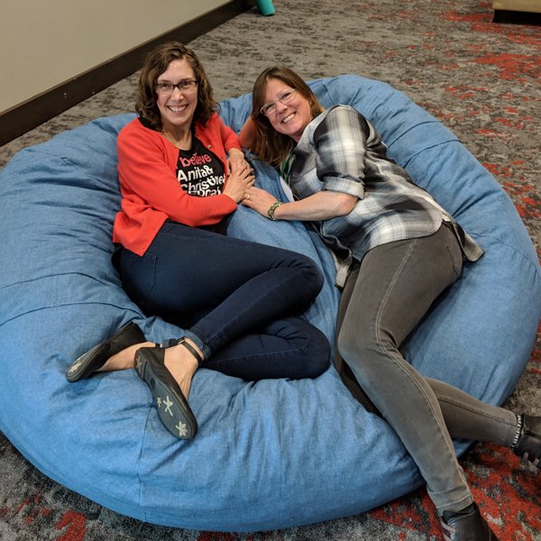 Getting some last minute #19NTC Quality Control testing done in the Quite Space &amp; Reiki room (D132). Our own @amyrsward &amp; Christine Egger are confirming the bean bags are all set.