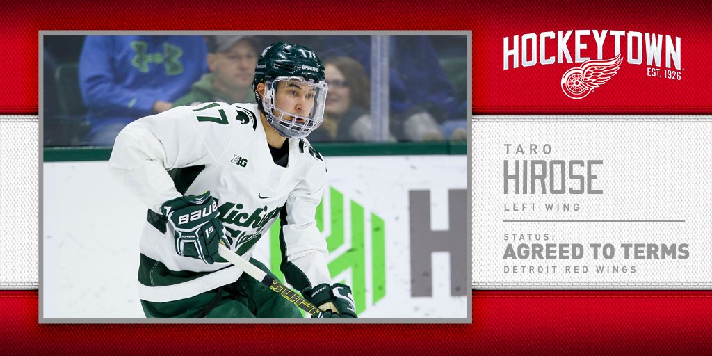 DetroitRedWings's tweet image. The Detroit #RedWings today agreed to terms with left wing Taro Hirose on a two-year entry-level contract. #LGRW