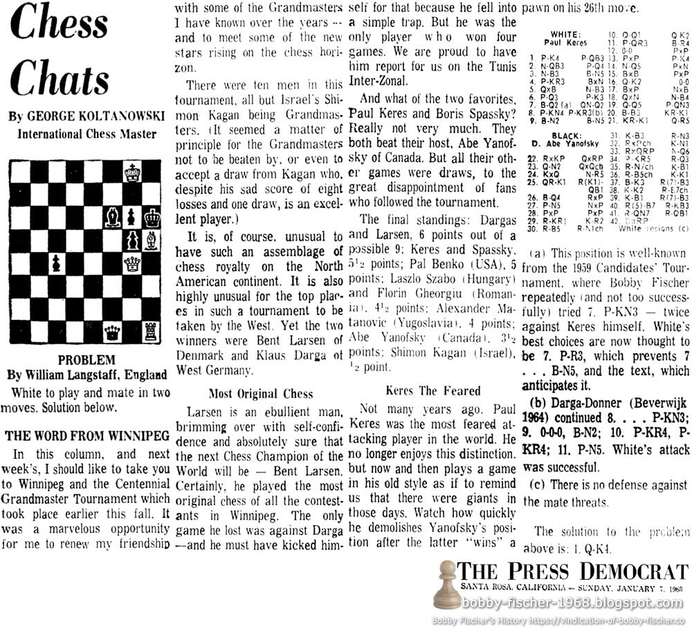 1968_bobby's tweet photo. The Press Democrat Santa Rosa, California Sunday, January 07, 1968

Keres The Feared
“(a)This position is well-known from the 1959 Candidates' Tournament, where Bobby Fischer repeatedly (and not too...

https://t.co/hchGEgjVsn

https://t.co/BGGCCkNmJE

https://t.co/CYT9hnR9uR https://t.co/91vWmTKUpF