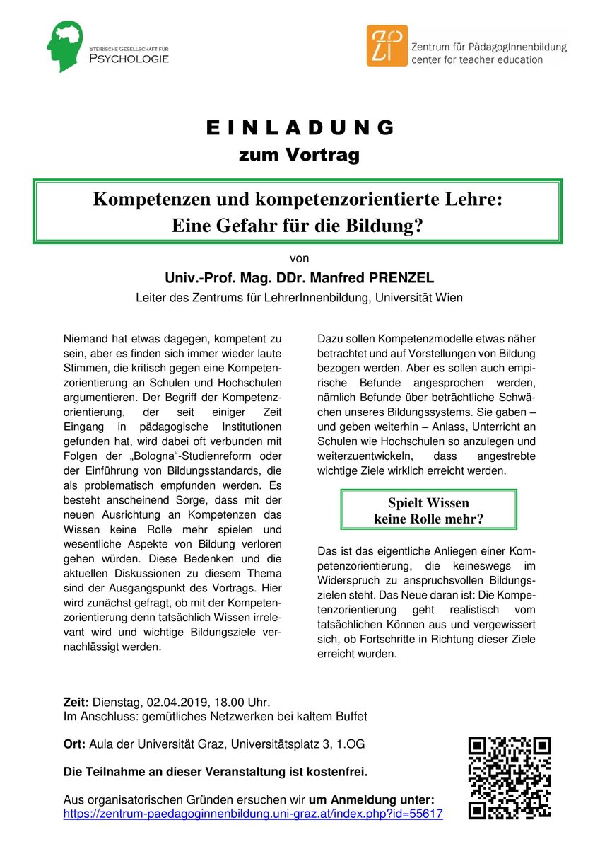 StGsPsychologie's tweet photo. Spannender Vortrag/Interesting talk:
“Kompetenzen und kompetenzorientierte Lehre: Eine Gefahr für die Bildung?” - Univ.-Prof. Mag. DDr. Manfred Prenzel

Dienstag, 02.04.2019 um 18:00 Uhr
Ort: Aula der Universität Graz, Universitätsplatz 3, 1.OG https://t.co/JBZK8lOrG5