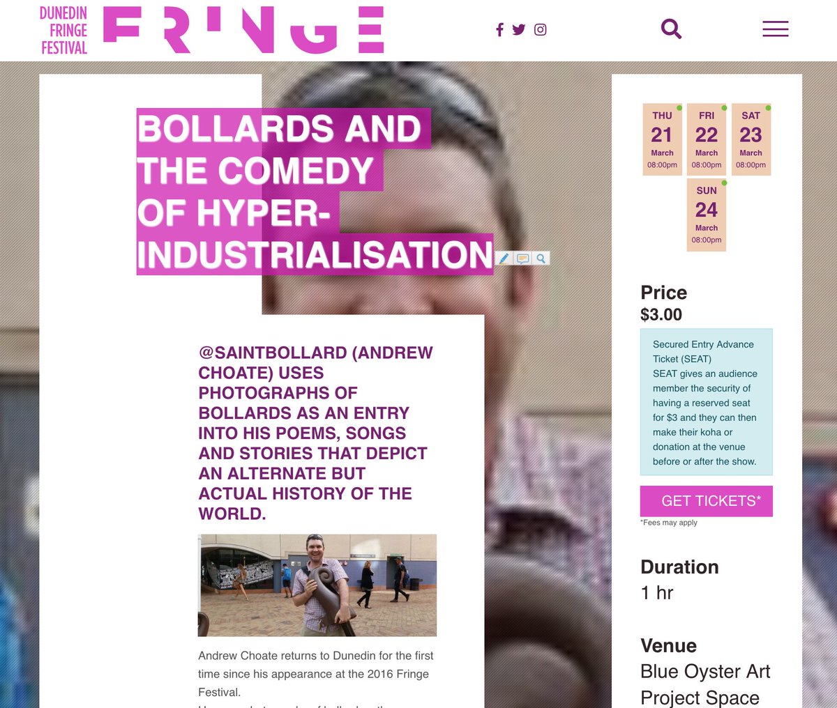 CreativeDunedin's tweet photo. #DunedinNZ, get out your #DunedinFringe guide &amp; circle 'Bollards &amp; the Comedy of Hyper-Industrialisation' (21-24 March, @blueoysterart: https://t.co/3Yomw5z8P2 ). Best @aklfringe Newcomer. Andrew Choate on Twitter @Unwrinkled_Ear &amp; Instagram @saintbollard https://t.co/Tb3XeOEhDa https://t.co/xmOYvjq5WW