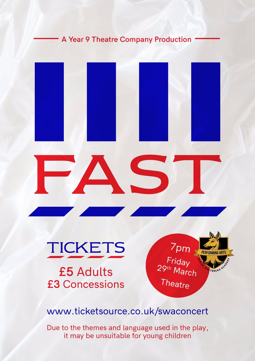 Year 9 theatre company have been working hard to produce ‘Fast’ Friday 29th March at 7pm. Tickets on sale now 🌟🎭ticketsource.co.uk/swaconcert