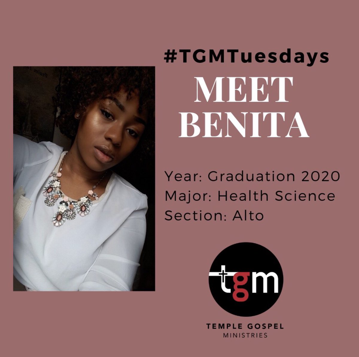 For #TGMTuesday we have Benita✨- Class of 2020
Health Sciences - “My aspiration is to impact the world utilizing every God Given gift bestowed upon me so that God may receive the glory”