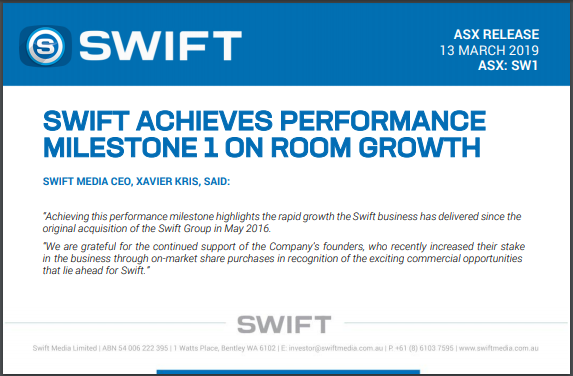 TimDohrmann's tweet photo. Rapid growth in deployed rooms for #media business #SwiftMedia (#ASX: $SW1) has seen Swift achieve a key performance milestone and gain the continued support of the company's founders.

📝: https://t.co/dPN7yxkfow

#SW1 #tech #SVOD #content #advertising #ausbiz #SwiftNetworks ▷ https://t.co/TizcoZdmet