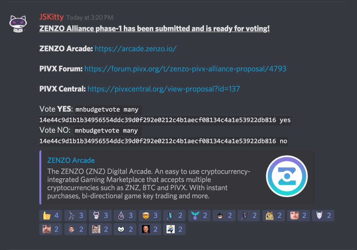 💙💜The Official $PIVX &amp; $ZENZO Alliance Proposal is now live! 

Pivians, vote YES if you want to see this alliance, PIVX integrated in to the ZENZO Arcade, and many great things to come in the future...

PIVX Forum: forum.pivx.org/t/zenzo-pivx-a…
PIVX Central: pivxcentral.org/view-proposal?…