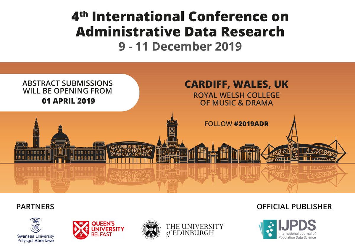 IJPDS's tweet photo. Get Ready! 
Call for Abstracts will open on the 1st April for the 4th International Conference on Administrative Data Research. Now is the time to start preparing your papers ready for submission.
#admindata #datalinkage #datascience #2019ADR https://t.co/pC9opOOa6F