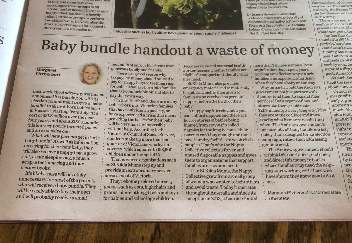 FitzherbertMJ's tweet photo. My article in today’s ⁦@theage⁩. The Andrews Govt’s baby bundle is an expensive &amp; lazy policy that ignores real need &amp; great organisations like ⁦@nappycollective⁩ &amp; ⁦@StKildaMums⁩ who have track records of innovation &amp; delivery. https://t.co/Tq8lpCkKPh