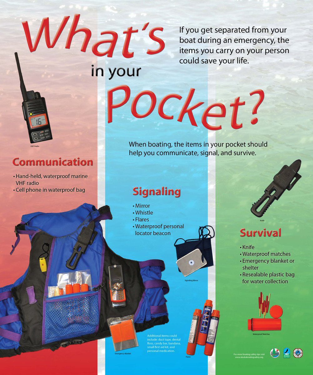 If you get separated from your boat during an emergency, the items you carry on your person could save your life. So what's in your pocket?

#AlaskaBoatingSafety #RescueReady #SafeBoating #PledgeToLive #WhatsInYourPocket #SafetyFirst