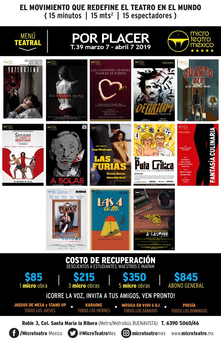 MicroTeatroMex's tweet photo. Nuestro menú teatral está delicioso. ¡Nos llena de #placer presentar estas 13 #microobras!
#PorPlacer 😏🎭 https://t.co/57tHJiOzFp